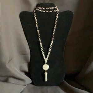 Long silver necklace.